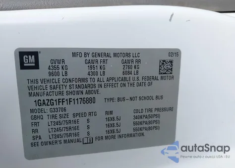 2015 Chevrolet Express 3500 Lt из США, поврежденный, VIN 1GAZG1FF1F1176880